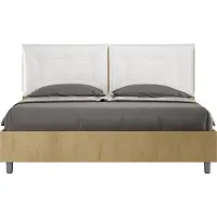 Ityhome - Lit queen size sans sommier 160x190 chêne nature coussins similicuir blanc Egos Annalisa