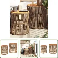 The Living Store Tables d'appoint de jardin 2 pcs. avec plateau en bois Beige Poly Rattan