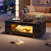 Merax Table basse LED avecApp & télécommande, plateau en verre, design creux, 100 x 50 x 35 cm - Table de salon moderne noir brillant