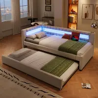 MODFU Lit de jour 90x200 canapé-lit avec lit escamotable, lit de jour avec éclairage LED, lit enfant sans matelas avec USB + TYPE-C, beige