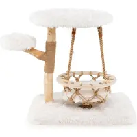 StarTech.com Arbre à chat en bois - Arbre à grimper - 3 niveaux - Panier suspendu - Branches en bois véritable - Colonnes à griffer avec corde en jute - 2 surfaces de repos + plate-forme - Blanc
