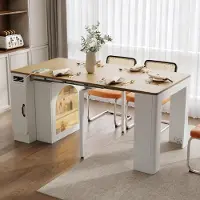 Merax Table de cuisine îlot à roulettes, Table de salle à manger extensible avec multiprise et LED, Chariot de service multifonctionnel, Table de bar, Blanc+Naturel