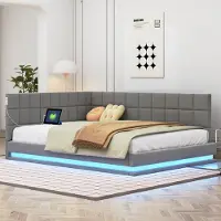 OKWISH Lit Banquette 140x200 cm avec Rangement et LED, Lit Banquette Capitonné Double Ado, Tissu Velours, Gris - Sans Matelas