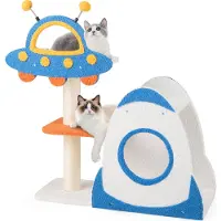 Costway Arbre à chat 87cm, Arbre à chat thème espace, Meubles pour chats Arbre à grimper avec plateforme OVNI, jouets, griffoirs en sisal & maison pour chats fusée Bleu