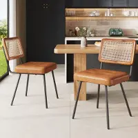 Flieks Chaises de salle à manger, lot de 2, Chaise Chaise de salle à manger en similicuir, Chaise rembourrée rétro avec dossier en rotin, Chaise de cuisine Chaise de maquillage marron