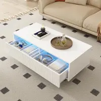 Merax Table basse LED avec 2 tiroirs et éclairage 7 couleurs, table de salon avec pieds en bois massif or-blanc, table d'appoint structure ondulée, blanc