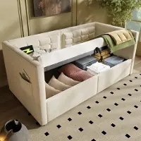 Flieks Lit hydraulique rembourré 90x200cm avec USB & Type C, Canapé-lit Lit de jour avec compartiments de rangement, Daybed Lit simple Lit adolescent, Velours, Beige