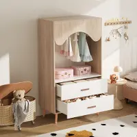 OKWISH Penderie ouverte avec tiroirs, panneaux agglomérés et poignées bois massif – blanc + bois naturel