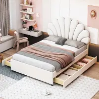 Merax Lit rembourré 140x200cm avec tête de lit en forme de fleur, lit d'enfant avec sommier à lattes, lit double avec 2 tiroirs, lit fonctionnel pour adolescents en velours, beige
