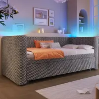 OKWISH Lit Gigogne 90x200 cm/180x200 cm - Lit Simple et Double avec Éclairage LED Multifonction - en Velours - sans Matelas - Gris
