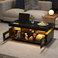 MODFU Table Basse 100x50x43 cm - LED via Appli - 2 Placards Push - Noir