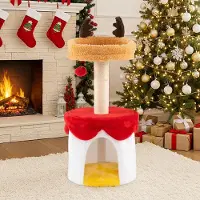 Costway 80cm Arbre à chat pour Noël, Arbre à chat avec grotte pour chats, couchette avec bois de cerf, poteau à griffer en sisal&boule, Arbre à chat Meubles pour chats Intérieur Coloré