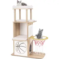 Costway Arbre à chat 120cm, arbre à chat avec hamac style panier de basket, maison pour chat à 2 étages, 2 plates-formes & coussins, meubles pour chats en bois, naturel
