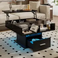 Merax Table basse Lift 78x78 cm avec éclairage LED, table basse réglable en hauteur, espace de rangement moderne peu encombrant pour le salon & le bureau, noir brillant