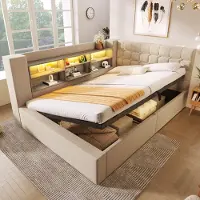 Flieks Canapé-lit hydraulique 140x190cm avec espace de rangement, lit rembourré avec USB, lit pour jeunes avec Led et compartiments de rangement ouverts, lit double lin, Beige