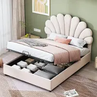 Merax Lit rembourré 140x200cm avec tête de lit en forme de fleur et espace de rangement hydraulique, lit double avec sommier à lattes, lit fonctionnel pour enfants, velours, beige