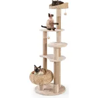 Costway Arbre à chat hauteur 164cm, arbre à chat avec perchoir, lit en osier, poteaux en jute, plates-formes & balles, arbre à grimper pour chats à 6 étages Beige naturel