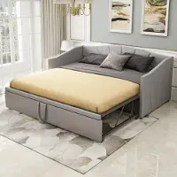 Merax Lit de jour 90x200cm/180x200cm Lit gigogne, Canapé-lit extensible avec sommier à lattes et accoudoirs, Lit rembourré en velours Lit d'enfant Canapé-lit, Gris