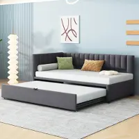 OKWISH Lit Gigogne 90/180x200 cm - Lit L-Shaped avec Canapé-Lit Escamotable, Solution Gain de Place, Velours Gris Foncé