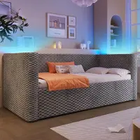 OKWISH Lit Banquette 90x200 cm - Lit Simple avec Coffre Hydraulique et LED - en Velours - sans Matelas - Gris