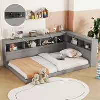 OKWISH Canapé-lit / daybed 90x200 cm avec sommier bois, lit pour enfants ou jeunes, avec prises USB + secteur (sans matelas) – gris
