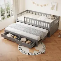 OKWISH Canapé-lit 90 x 200 cm avec barrière de sécurité, lit gigogne avec 2 tiroirs, sommier inclus – gris (sans matelas)