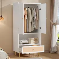 Merax Armoire à portes battantes avec tiroir en rotin, tringle à vêtements, armoire moderne, 80 × 48 × 175 cm, blanc