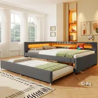 Merax Lit de jour Daybett 140x200 cm, avec lit gigogne 90x190 cm, LED, USB et Type-C, Canapé-lit, Canapé-lit, Gris
