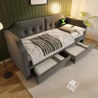OKWISH Canapé-lit 90x200 cm avec sommier en bois, lit d’appoint pour enfant ou adolescent avec lumière de lecture USB-Type-C et 2 tiroirs de rangement (sans matelas) – gris