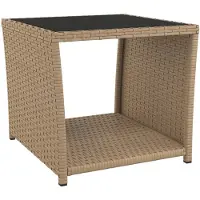 Syfax Table à thé dessus en verre beige Résine tressée verre trempé