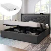 Sweiko Lit rembourré Lit double avec tête de lit USB type C,Lits de rangement Cadre de lit en lin Lit pour adolescent 160x200Avec matelas
