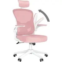 Bigzzia Chaise de bureau - Chaise de bureau ergonomique - Chaise pivotante avec support lombaire - appui-tête, accoudoirs et hauteur réglables - blanc et rose