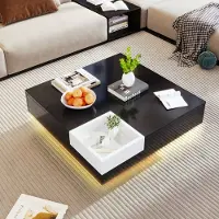 LVHOM Table basse haute brillance avec LED, Table d'appoint Scandi avec boîte en bois amovible, Table de salon Indutrial Table basse, 72x72x30cm, Noir
