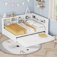 Fortuna Canapé-lit Lai 140*200, lit gigogne 90*190 avec prise USB et plusieurs compartiments de rangement, lit en bois massif, lit double, lit multifonctionnel en bois, blanc .