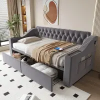 Flieks Canapé-lit Canapé-lit 90x190cm avec 2 tiroirs, lit rembourré lit de jour daybed avec fonction de chargement, lit de jeunes lit d'hôtes, velours, gris foncé