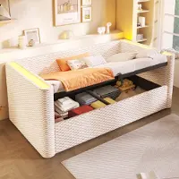 OKWISH Lit Banquette 90x200 cm - Lit Simple avec Coffre Hydraulique et LED - en Velours - sans Matelas - Beige