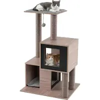 Costway Arbre à chat en bois, 93 cm, arbre à chat avec poteau à griffer en sisal, 2 niches pour chat, plate-forme, balle et coussins amovibles, arbre à chat, gris