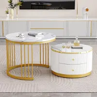 Merax Ensemble de 2 tables basses blanches en forme de nid, table de salon ronde en marbre brillant avec 2 tiroirs, or