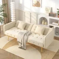 OKWISH Canapé Droit Convertible - 2 Places Dossier 3 Positions Accoudoirs 6 Positions Tissu Velours Beige