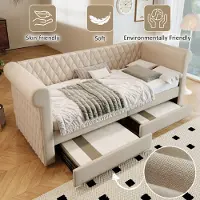 MODFU Lit Banquette 90x200 cm - Lit avec Rangement Tiroirs pour Enfant/Ado - Sans Matelas - Revêtement en Lin - Beige