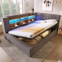 Flieks Canapé-lit hydraulique 140x190cm avec espace de rangement, lit rembourré avec USB, lit pour jeunes avec Led et compartiments de rangement ouverts, lit double lin, Gris