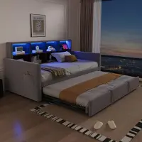 Flieks Canapé-lit Lit de jeune 90x190cm avec lit gigogne, lit de jour Daybed avec Led, lit rembourré lit simple avec fonction de chargement et espace de rangement, velours, gris clair