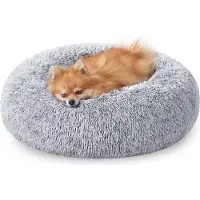 Feandrea Fluffy Lit pour chien, lit pour chat, coussin donut, lavable, rembourrage central amovible, peluche longue, 60 cm de diamètre, gris ombre