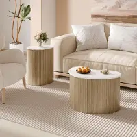 Merax ensemble minimaliste de tables basses en marbre et veines de bois, table d'appoint scandinave 2 en panneau de fibres haute densité, naturel