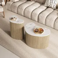 OKWISH Tables Basses Gigognes Effet Marbre aux Formes Courbes, Style Nordique en MDF pour Petit Espace - Naturel et Blanc