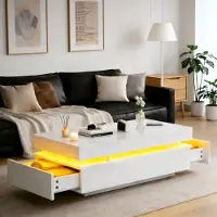 Merax Table basse brillante avec LED, table de salon avec 2 tiroirs, table basse avec éclairage d'ambiance, table d'appoint en MDF, blanche