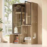 Flieks armoire haute avec maison pour chats et poteau griffoir, villa pour chats avec tiroirs, set de meubles pour animaux domestiques cage pour chats avec portes vitrées, naturel