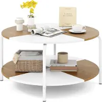 Costway Table basse ronde, 80 cm Table de salon à 2 niveaux, table basse en bois avec tablette et structure métallique, montage facile, table de canapé, blanc et naturel