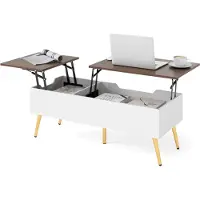 Costway Table basse avec plateau élévateur, table centrale avec 2 compartiments de rangement cachés, table de travail flip-top avec pieds en métal 111 x 48 x 40-53,5 cm noyer