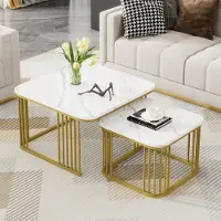 Merax Lot de 2 tables basses avec motif en marbre et cadre métallique, table d'appoint haute brillance, table d'appoint table basse, 70x70x45 cm/45x50x36.5 cm